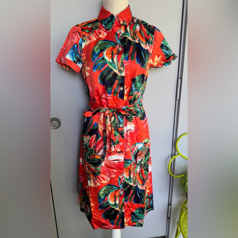 Signature Collection Tropical Red Flutter Sleeve Button Down Collar Midi Dress